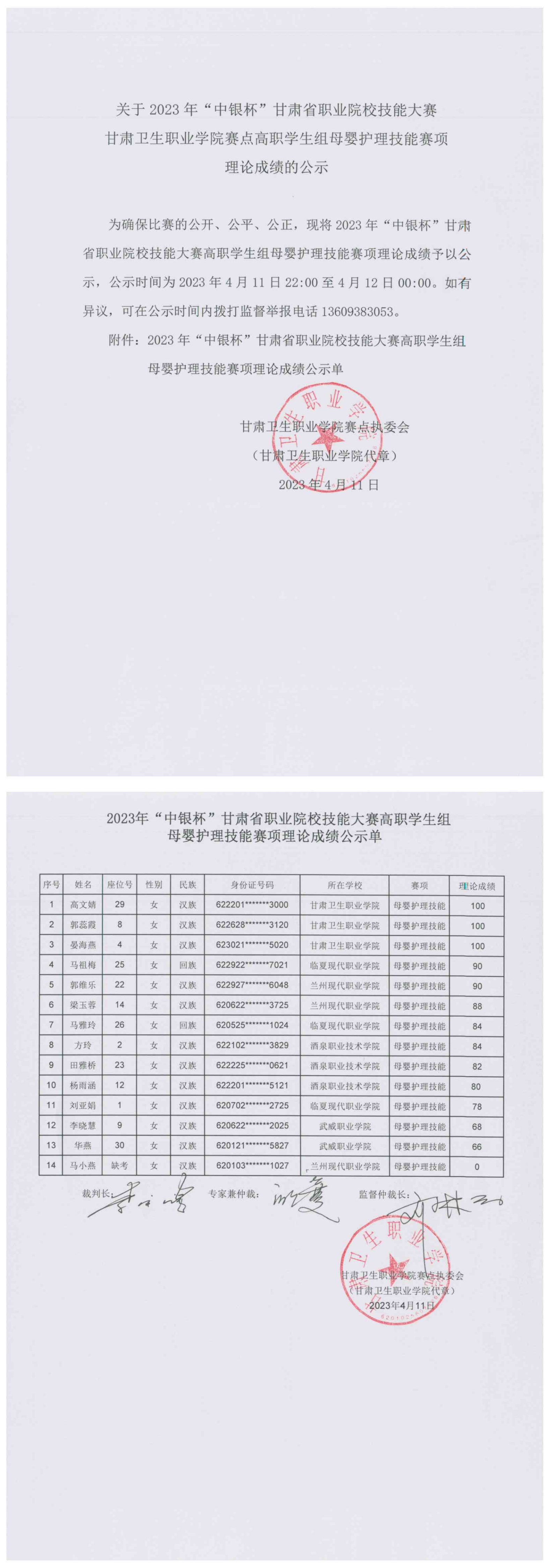 02關于2023年“中銀杯”甘肅省職業院校技能大賽甘肅衛生職業學院賽點高職學生組母嬰護理技能賽項理論成績的公示.png