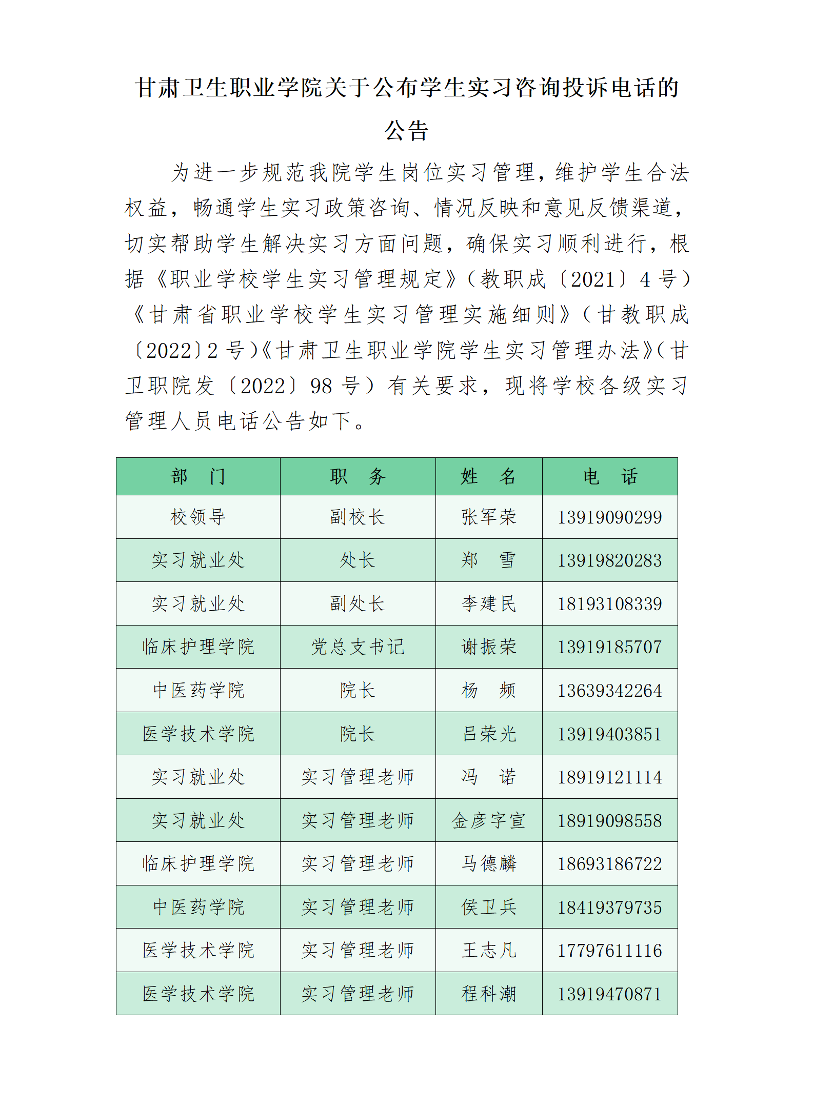 230616甘肅衛生職業學院關于公布學生實習咨詢投訴電話的公告_01.png